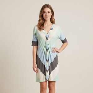 BCBGMAXAZRIA Striped and Chevron V-Neck Midi Dress in Mint, Blue & Gray